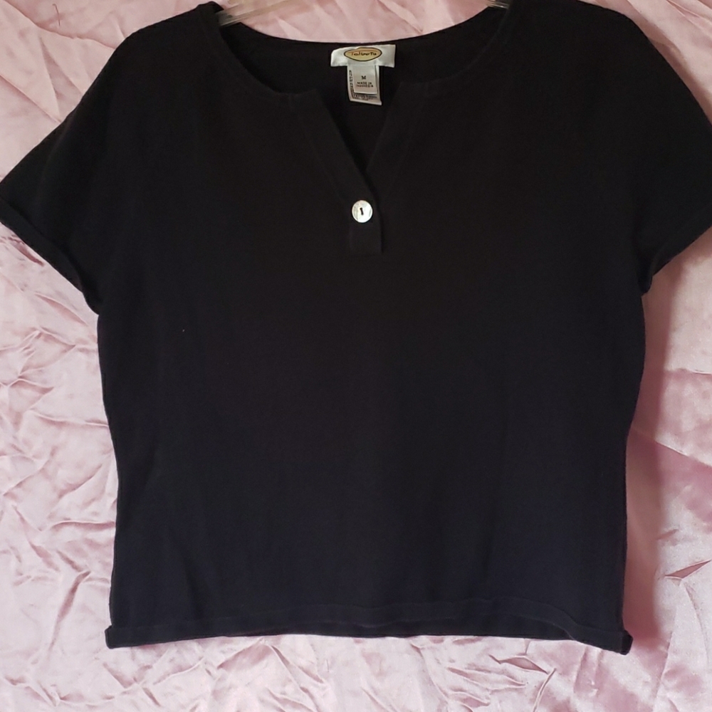 Talbots black shirt with pearl shell button.